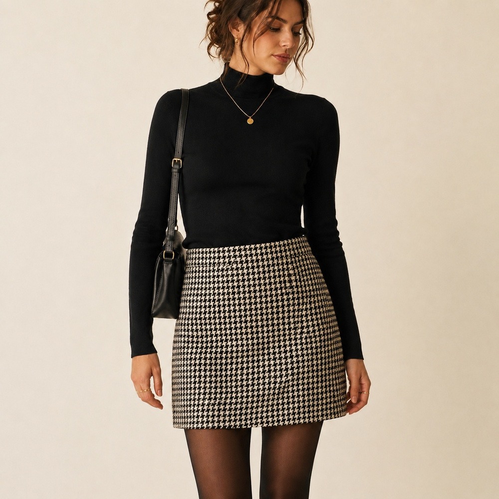 Vintage Casual Corner Houndstooth Wool Blend Mini Skirt 6 Black White Academia